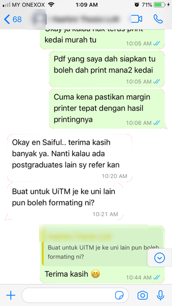 Tangkapan skrin testimoni WhatsApp klien Renaskah, nama disamarkan