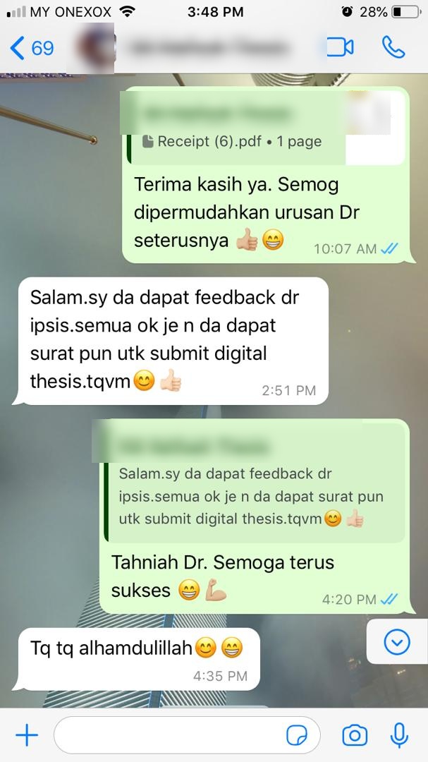 Tangkapan skrin testimoni WhatsApp klien Renaskah, nama disamarkan