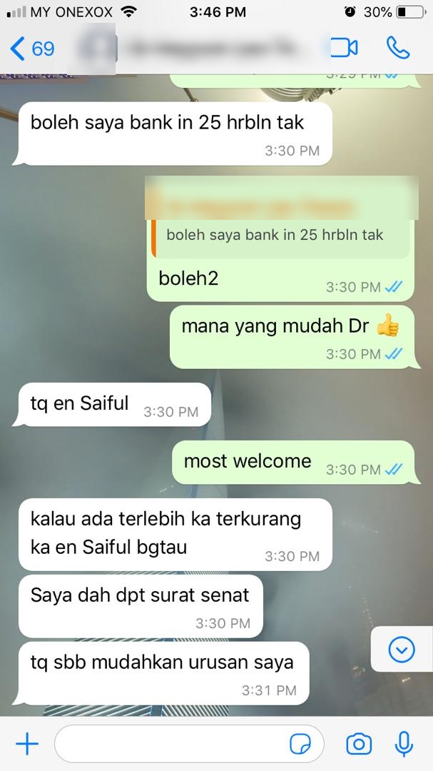 Tangkapan skrin testimoni WhatsApp klien Renaskah, nama disamarkan