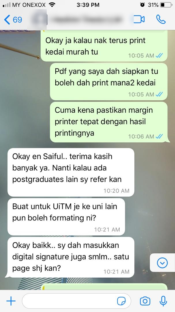 Tangkapan skrin testimoni WhatsApp klien Renaskah, nama disamarkan