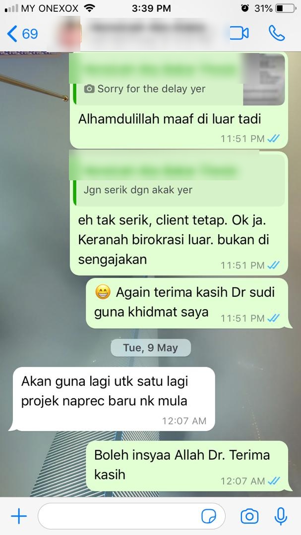 Tangkapan skrin testimoni WhatsApp klien Renaskah, nama disamarkan