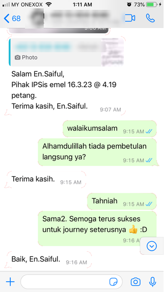 Tangkapan skrin testimoni WhatsApp klien Renaskah, nama disamarkan