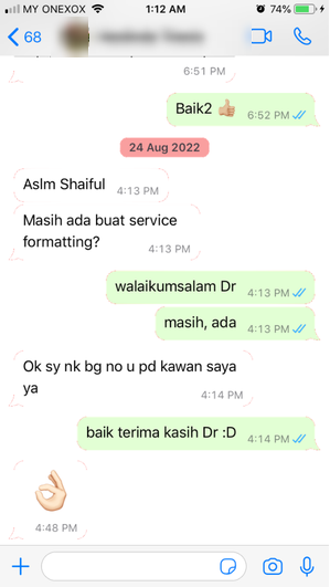 Tangkapan skrin testimoni WhatsApp klien Renaskah, nama disamarkan