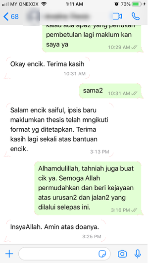 Tangkapan skrin testimoni WhatsApp klien Renaskah, nama disamarkan