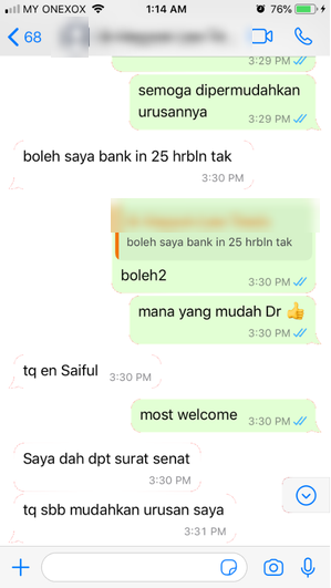 Tangkapan skrin testimoni WhatsApp klien Renaskah, nama disamarkan