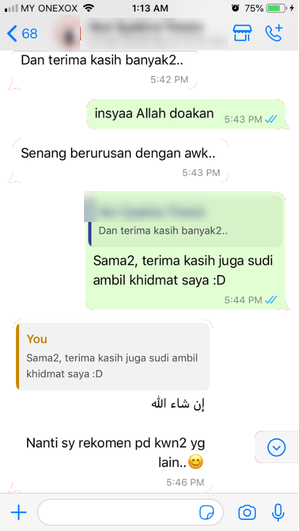 Tangkapan skrin testimoni WhatsApp klien Renaskah, nama disamarkan