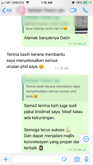Tangkapan skrin testimoni WhatsApp klien Renaskah, nama disamarkan
