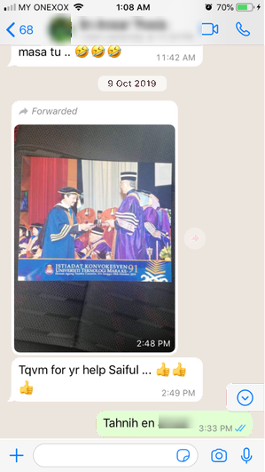 Tangkapan skrin testimoni WhatsApp klien Renaskah, nama disamarkan